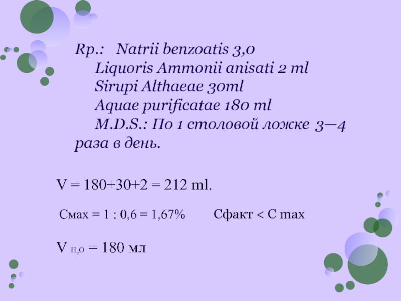 Rp natrii chloridi. Ammonii anisati. Liquoris Ammonii anisati. Natrii benzoatis. Coffeini Natrii benzoatis 1.0мл.