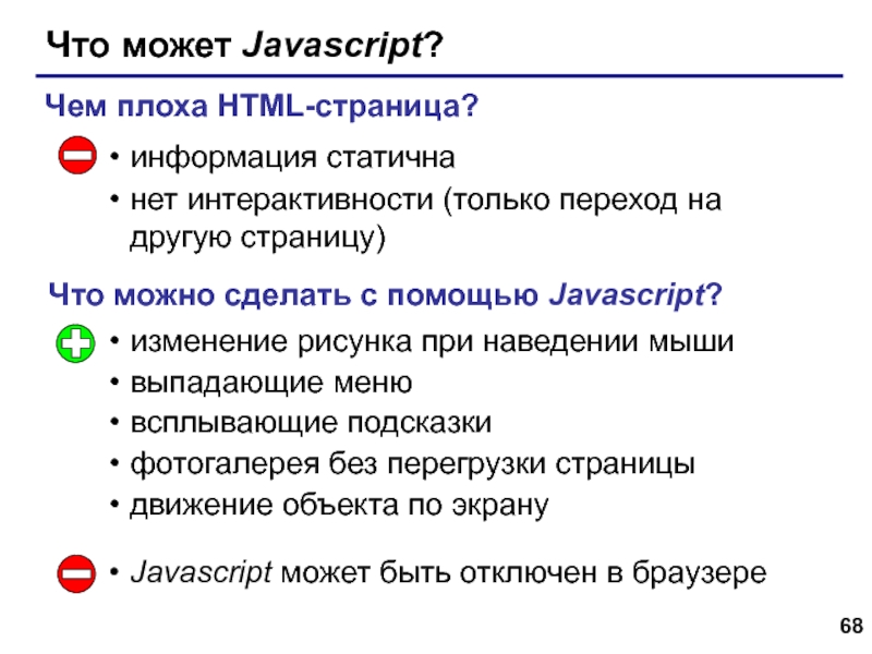 Web- страницы. Язык HTML Что может Javascript?информация статичнанет интерактивности (только переход на другую страницу)Чем плоха Что может Javascript?информация статичнанет интерактивности (только переход на другую страницу)Чем плоха HTML-страница?Что можно сделать с помощью Javascript?изменение
