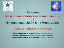 Профиль
Внешнеэкономическая деятельность - ВЭД
Направление 38.04.01