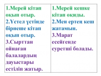 1.Мерей кітап оқып отыр.
2.Үстел үстінде бірнеше кітап оқып отыр.
3. Сырттан