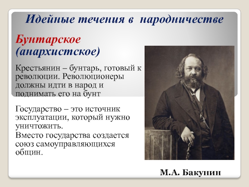 Суть революционного народничества. Анархическое народничество Бакунин. Бунтарское движение Бакунин. Основные идеи бунтарского направления Бакунин. Бунтарское направление народничества.