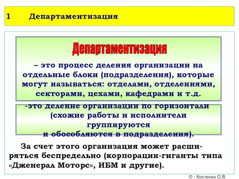 Учебный курс Основы менеджмента Департаментизация За счет этого организация может расши-ряться беспредельно (корпорации-гиганты типа Департаментизация За счет этого организация может расши-ряться беспредельно (корпорации-гиганты типа «Дженерал Моторс», ИБМ и