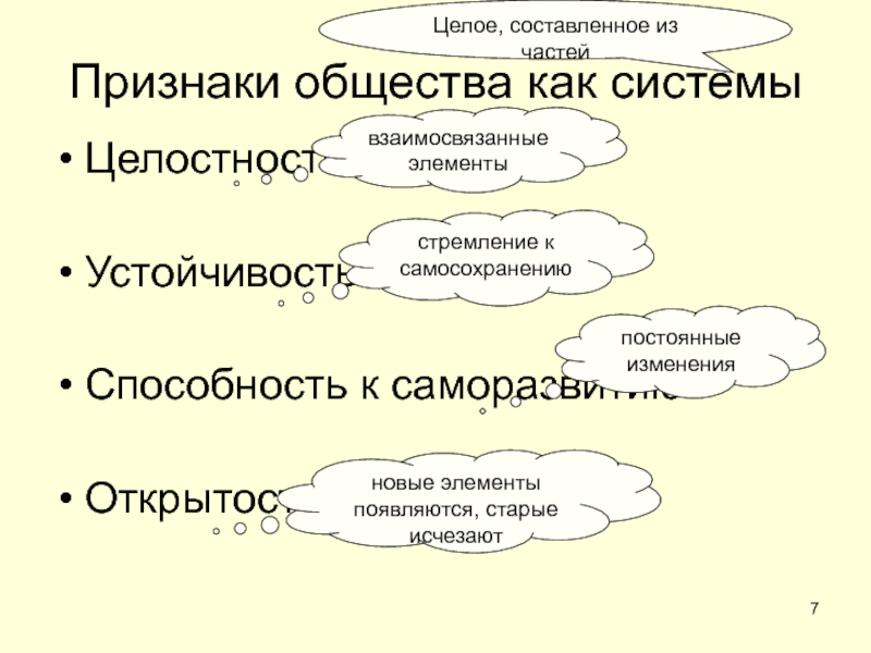 ОБЩЕСТВО Признаки общества как системыЦелостностьУстойчивостьСпособность к саморазвитиюОткрытостьвзаимосвязанные элементыпостоянные изменениястремление к самосохранениюновые элементы Признаки общества как системыЦелостностьУстойчивостьСпособность к саморазвитиюОткрытостьвзаимосвязанные элементыпостоянные изменениястремление к самосохранениюновые элементы появляются, старые исчезаютЦелое, составленное из частей