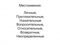 Местоимения:
Личные,
Притяжательные,
Указательные
Вопросительные,
Относительные,
