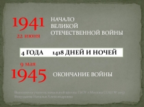1941
НАЧАЛО
ВЕЛИКОЙ
ОТЕЧЕСТВЕННОЙ ВОЙНЫ
1945
ОКОНЧАНИЕ ВОЙНЫ
4 ГОДА 1418 ДНЕЙ И