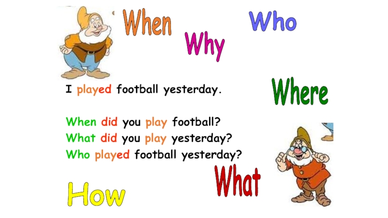 Lesson 3 Past Simple ed I played football yesterday.When did you play football?What did you play yesterday?Who played football yesterday? WhatWhereWhenWhoHowWhy I played football yesterday.When did you play football?What did you play yesterday?Who played football yesterday? WhatWhereWhenWhoHowWhy
