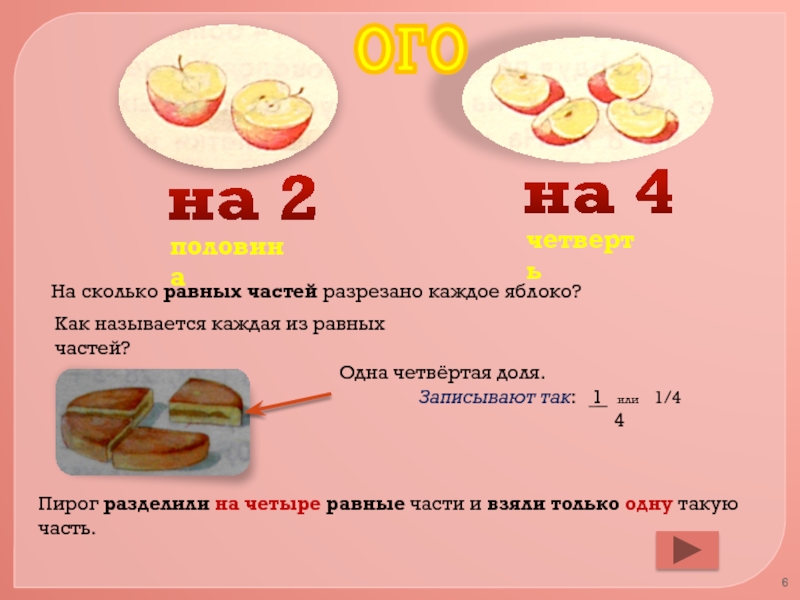 Пирог разделили на 6 равных частей и взяли одну такую часть это одна