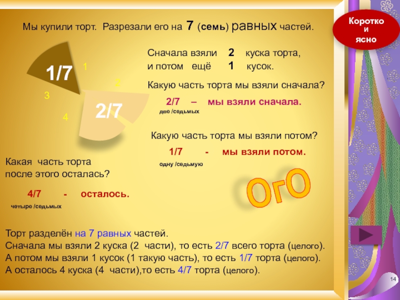 Во сколько раз одна часть торта меньше чем все оставшиеся части