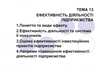ТЕМА 13
ЕФЕКТИВНІСТЬ ДІЯЛЬНОСТІ ПІДПРИЄМСТВА
1.Поняття та види