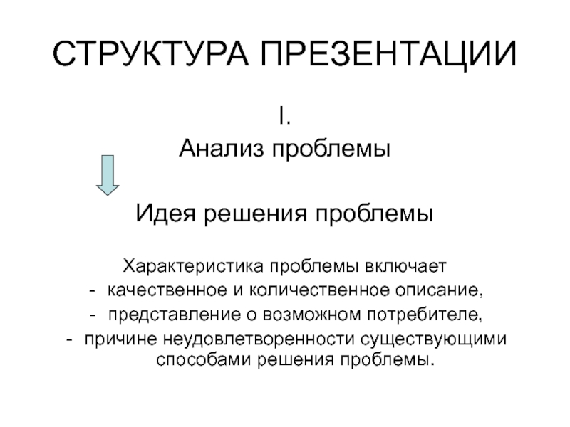 СТРУКТУРА ПРЕЗЕНТАЦИИI.Анализ проблемы Идея решения проблемыХарактеристика проблемы включает качественное и количественное описание, представление о возможном потребителе, причине