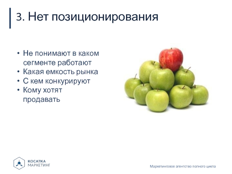 3. Нет позиционированияМаркетинговое агентство полного циклаНе понимают в каком сегменте работаютКакая емкость рынкаС кем конкурируютКому хотят продавать