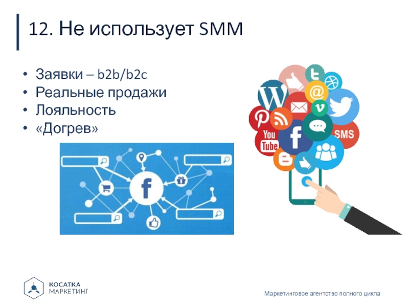 12. Не использует SMMМаркетинговое агентство полного циклаЗаявки – b2b/b2cРеальные продажиЛояльность«Догрев»