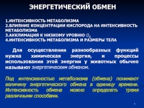 1
ЭНЕРГЕТИЧЕСКИЙ ОБМЕН
1.ИНТЕНСИВНОСТЬ МЕТАБОЛИЗМА
2.ВЛИЯНИЕ КОНЦЕНТРАЦИИ