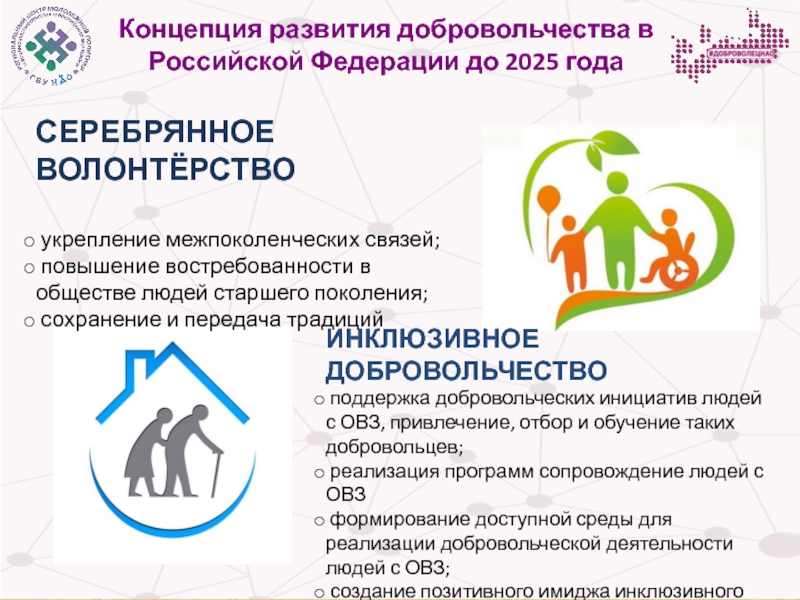 Концепция развития добровольчества в Российской Федерации до 2025 года Концепция развития добровольчества в Российской Федерации до 2025 годаСЕРЕБРЯННОЕ ВОЛОНТЁРСТВО укрепление Концепция развития добровольчества в Российской Федерации до 2025 годаСЕРЕБРЯННОЕ ВОЛОНТЁРСТВО укрепление межпоколенческих связей; повышение востребованности в обществе