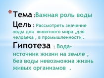 Тема : Важная роль воды Цель : Рассмотреть значение воды для животного мира,для