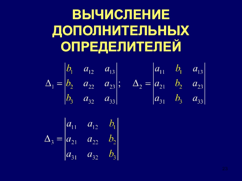 Дополнительный расчет. Вычисление определителя. Дополнительные определители. Таблица определителей. Формулы для дополнительных определителей.