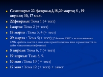 Семинары: 22 февраля,1,18,29 марта; 5, 19 апреля; 10, 17 мая.
22февраля: Тема 1