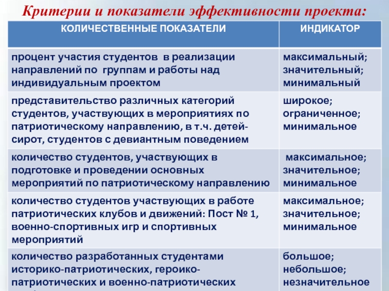 Показатели эффективности и результативности реализации проекта