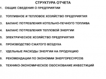 СТРУКТУРА ОТЧЕТА
ОБЩИЕ СВЕДЕНИЯ О ПРЕДПРИЯТИИ
ТОПЛИВНОЕ И ТЕПЛОВОЕ ХОЗЯЙСТВО