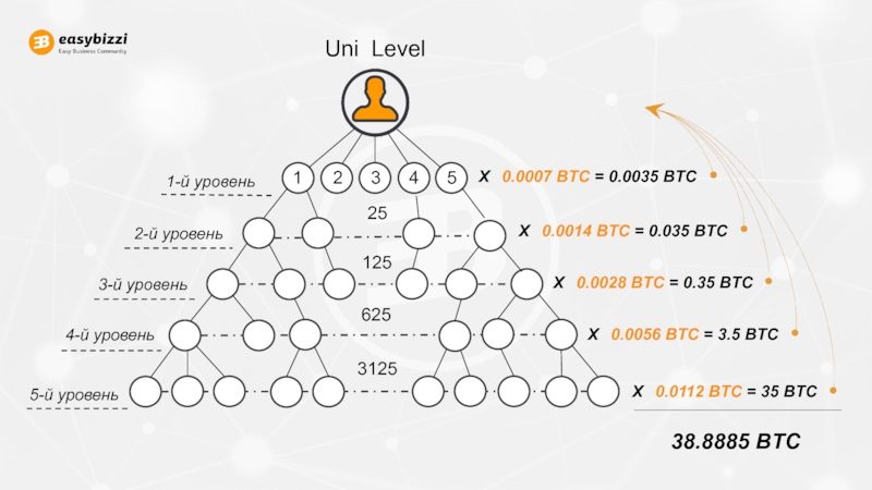 МАРКЕТИНГ ПЛАН 25125625312512345 5-й уровень1-й уровень2-й уровень3-й уровень4-й уровеньX 0.0007 BTC = 0.0035 25125625312512345 5-й уровень1-й уровень2-й уровень3-й уровень4-й уровеньX 0.0007 BTC = 0.0035 BTC Uni LevelX