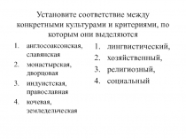 Установите соответствие между конкретными культурами и критериями, по которым