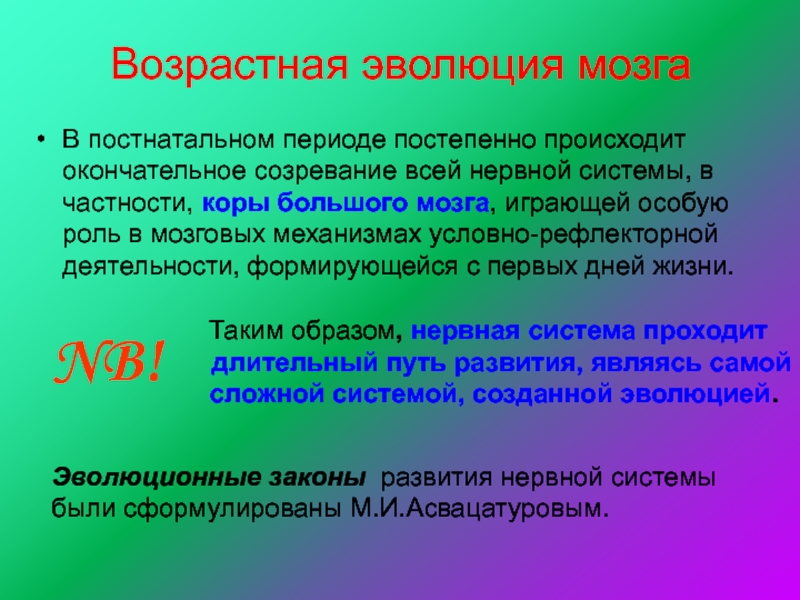 Специальный возраст. Развитие мозга в постнатальном периоде.. Задачи невропатологии. Эволюционный Возраст нервной системы.