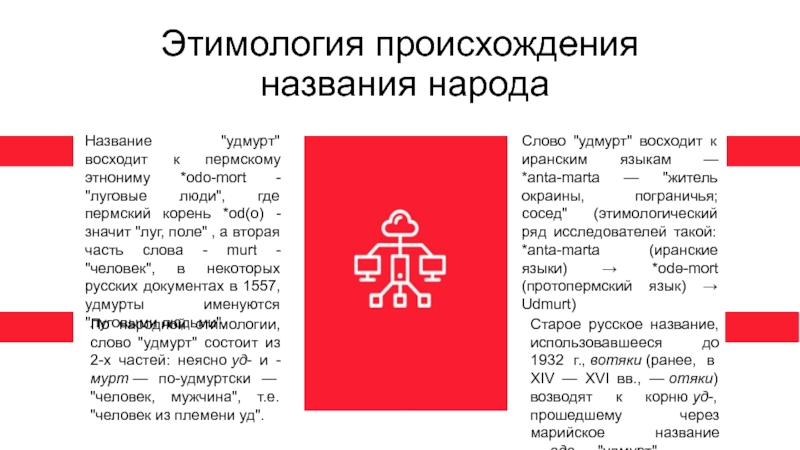 УДМУРТЫ
Выполнила:
студентка 3-го курса
Ольховская Екатерина Этимология происхождения названия народаНазвание Этимология происхождения названия народаНазвание