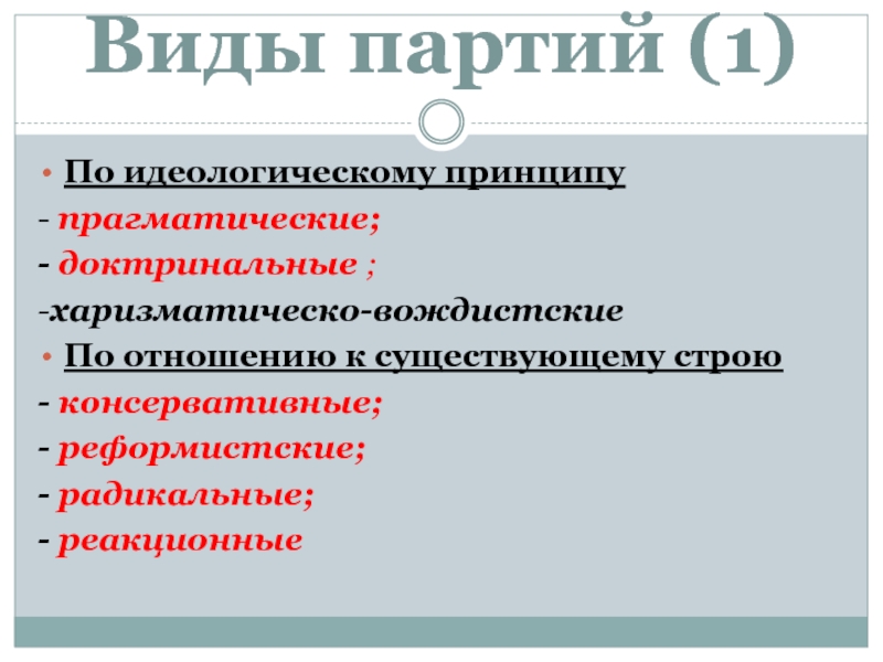 Существующий строй. Принципы идеологии. Доктринальные политические партии. Типы партий по идеологическому принципу. Реформистские консервативные реакционные.