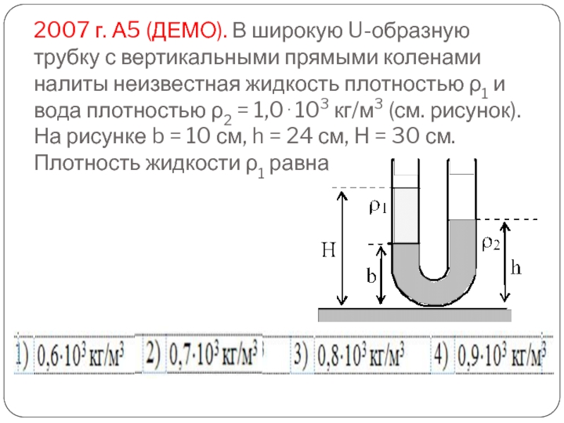 2007 г. А5 (ДЕМО). В широкую U-образную трубку с вертикальными прямыми коленами налиты неизвестная жидкость плотностью 1