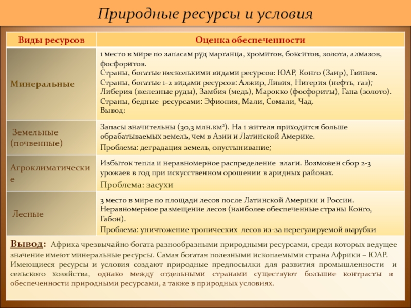 Оценка ресурса обеспеченности. Минеральные ресурсы Африки таблица. Ресурсы страны виды. Природные ресурсы Африки таблица. Виды природных ресурсов странами.