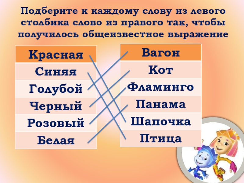 К словам левого столбика подобрать подходящие