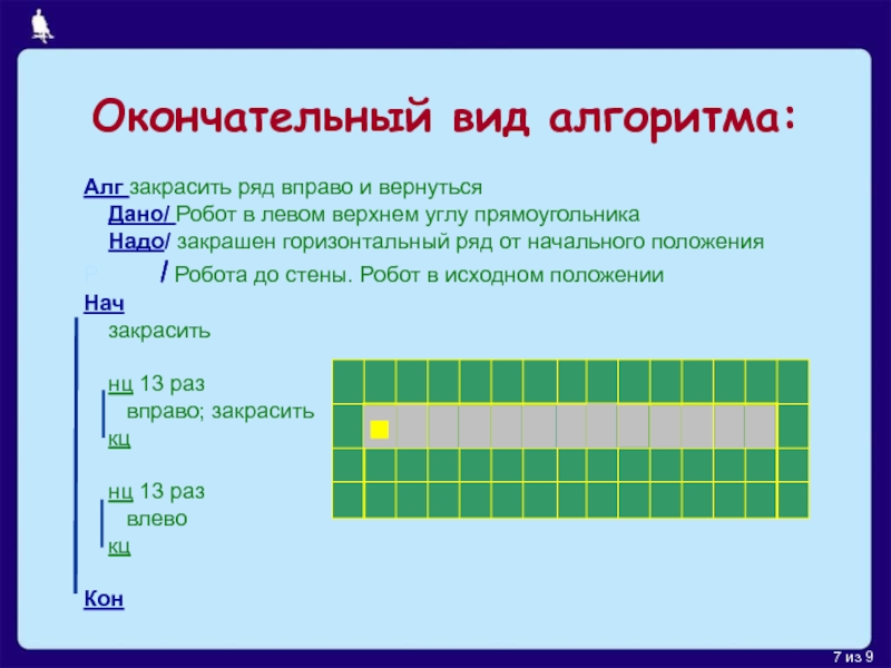 Окончательный вид. Робот: циклы n раз. Алгоритм закрашивания клеток вправо. Составь алгоритм на алгоритмическом языке для исполнителя робот. Цикл н раз закрасить.