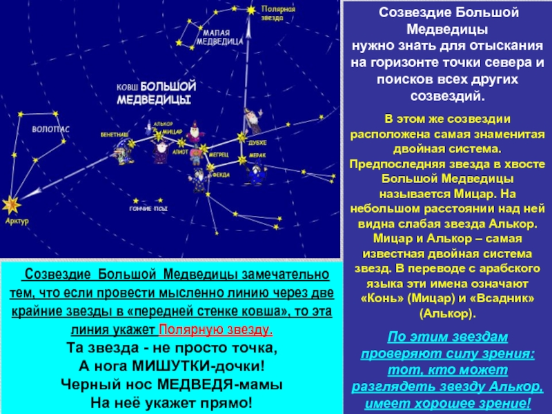 Где будет полярная звезда через 6 часов. Звезды в созвездии большой медведицы. Крайняя звезда большой медведицы. Координаты звезд большой медведицы. Полярная звезда в большой Медведице.