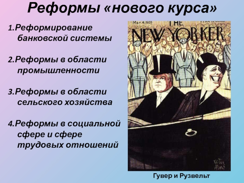 Систематизируйте информацию о мероприятиях нового курса рузвельта по примерному плану политика