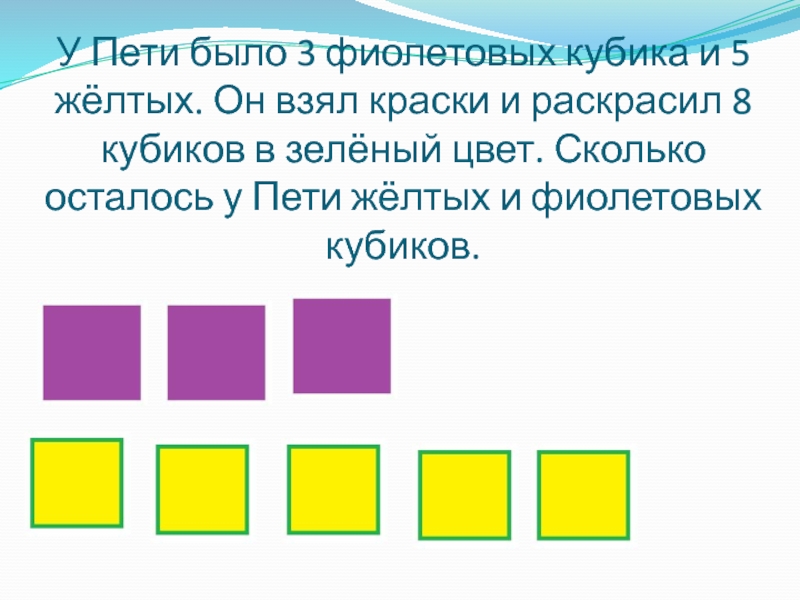 У пети есть 5. Есть Петя. У Пети было 85 кубиков. Измени расположение зеленого кубика и желтого. У Пети было 3 солдата.