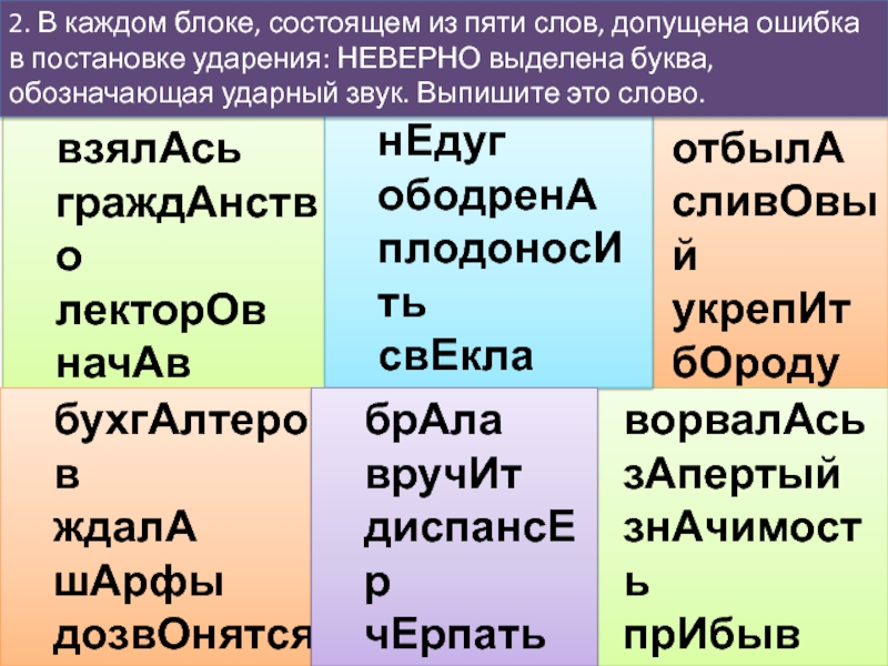 взялАсьграждАнстволекторОвначАвпОручниотбылАсливОвыйукрепИтбОродунОгтяворвалАсьзАпертыйзнАчимостьпрИбывповторИтнЕдугободренАплодоносИтьсвЕкланалитАбухгАлтеровждалАшАрфыдозвОнятсяэкспЕртбрАлавручИтдиспансЕрчЕрпатьпартЕр2. В каждом блоке, состоящем из пяти слов, допущена ошибка в постановке ударения: НЕВЕРНО выделена буква, обозначающая