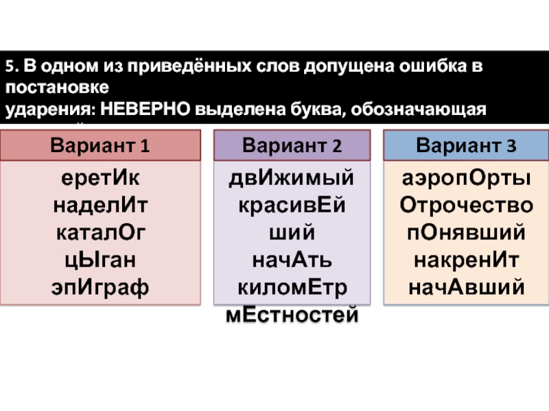 5. В одном из приведённых слов допущена ошибка в постановке ударения: НЕВЕРНО выделена буква, обозначающая ударный гласный