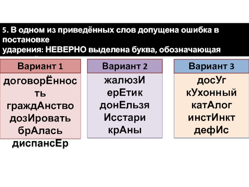 5. В одном из приведённых слов допущена ошибка в постановке ударения: НЕВЕРНО выделена буква, обозначающая ударный гласный