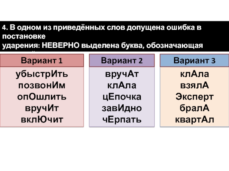 4. В одном из приведённых слов допущена ошибка в постановке ударения: НЕВЕРНО выделена буква, обозначающая ударный гласный