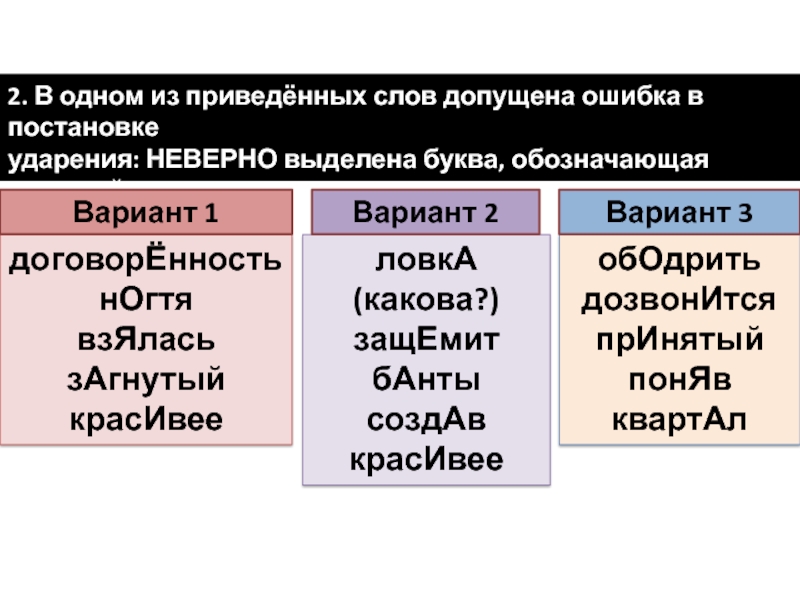 2. В одном из приведённых слов допущена ошибка в постановке ударения: НЕВЕРНО выделена буква, обозначающая ударный гласный