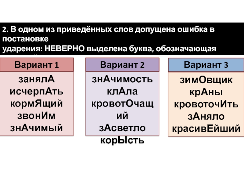 2. В одном из приведённых слов допущена ошибка в постановке ударения: НЕВЕРНО выделена буква, обозначающая ударный гласный