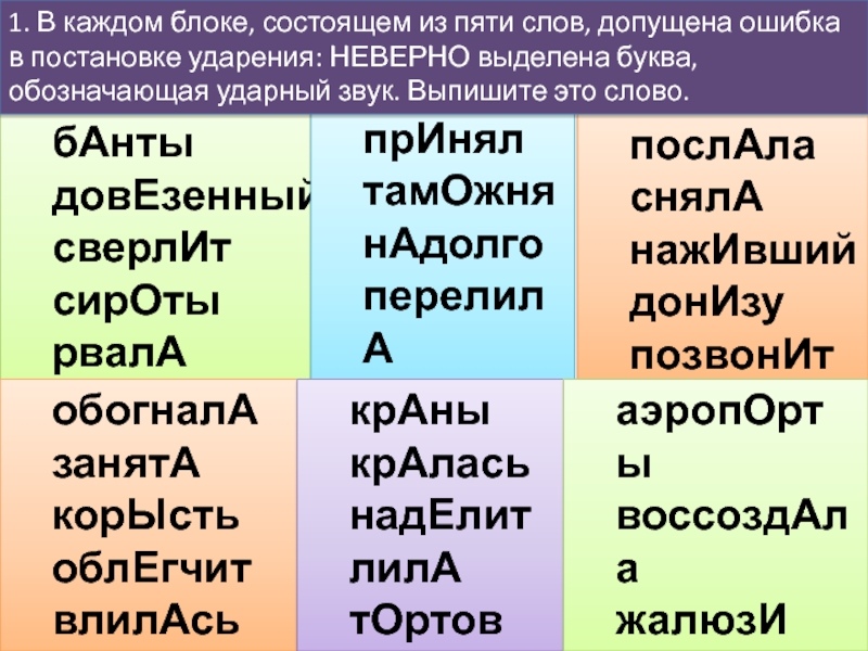 бАнтыдовЕзенныйсверлИтсирОтырвалАпослАласнялАнажИвшийдонИзупозвонИтпрИнялтамОжнянАдолгоперелилАозлОбить1. В каждом блоке, состоящем из пяти слов, допущена ошибка в постановке ударения: НЕВЕРНО выделена буква, обозначающая