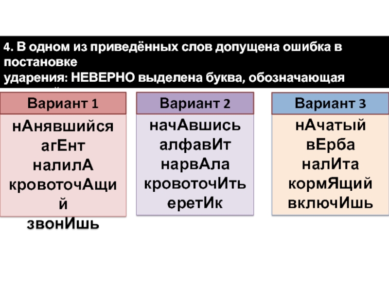 4. В одном из приведённых слов допущена ошибка в постановке ударения: НЕВЕРНО выделена буква, обозначающая ударный гласный