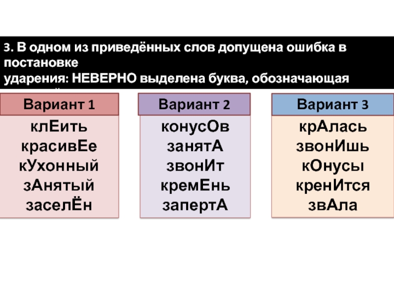 3. В одном из приведённых слов допущена ошибка в постановке ударения: НЕВЕРНО выделена буква, обозначающая ударный гласный