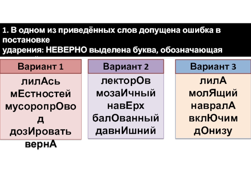 1. В одном из приведённых слов допущена ошибка в постановке ударения: НЕВЕРНО выделена буква, обозначающая ударный гласный