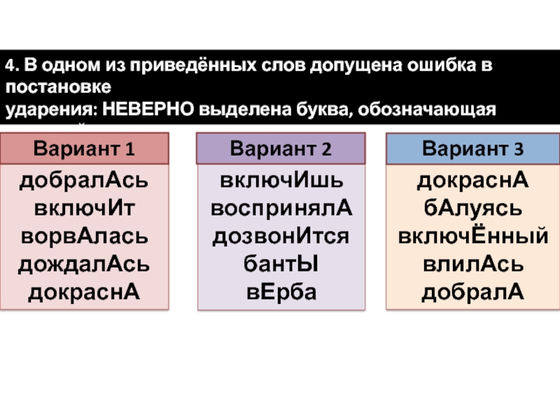 добралАсьвключИтворвАласьдождалАсьдокраснАдокраснАбАлуясьвключЁнныйвлилАсьдобралАвключИшьвоспринялАдозвонИтсябантЫвЕрба4. В одном из приведённых слов допущена ошибка в постановке ударения: НЕВЕРНО выделена буква, обозначающая ударный гласный