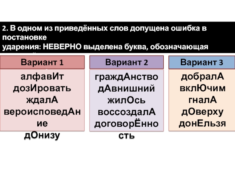 алфавИтдозИроватьждалАвероисповедАниедОнизудобралАвклЮчимгналАдОверхудонЕльзяграждАнстводАвнишнийжилОсьвоссоздалАдоговорЁнность2. В одном из приведённых слов допущена ошибка в постановке ударения: НЕВЕРНО выделена буква, обозначающая ударный гласный