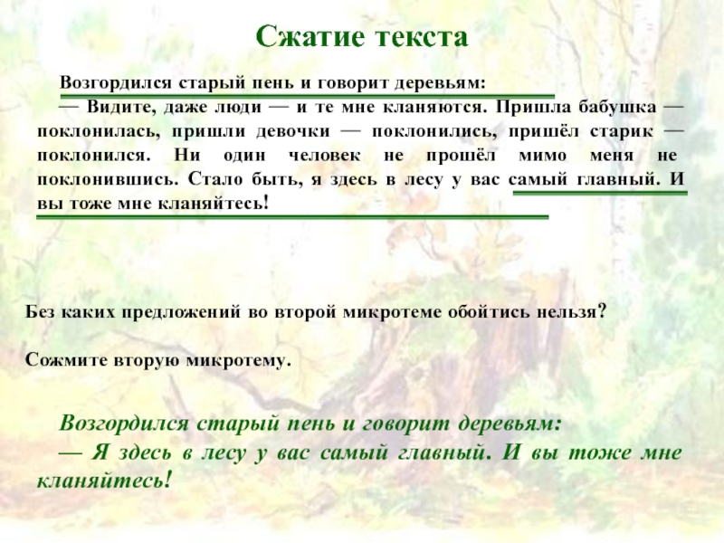 Слово п н е. Сжатие текста старый пень. Старый пень текст изложения. Сочинение старый пень.