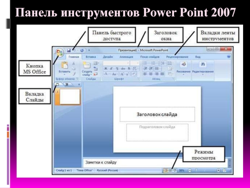 Павер поінт. Структура окна POWERPOINT 2007.. Структура окна повер поинт. Основные элементы окна программы повер поинт. Элементы интерфейса Microsoft POWERPOINT 2007.