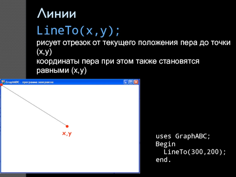 ЛинииLineTo(x,y); рисует отрезок от текущего положения пера до точки